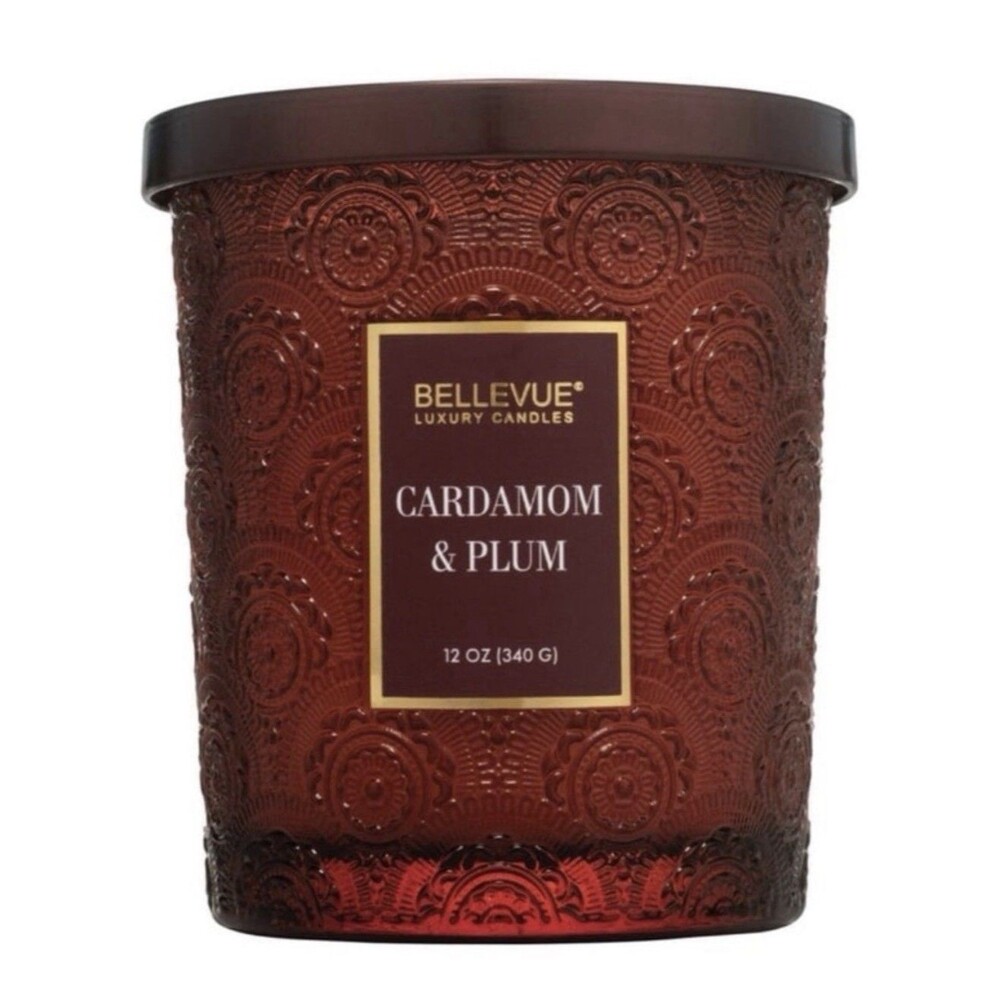 Bellevue Candle Cardamom & Plum Bergamot Embossed Red Soy Blend 2 Wick 12 Oz New